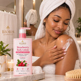 Woman applying body lotion beside a Bioris Bearberry Body Lotion bottle, 400 mL, in supplied artwork