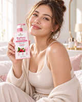 Woman in a cream knit top holding Bioris Bearberry Body Lotion in supplied lifestyle artwork