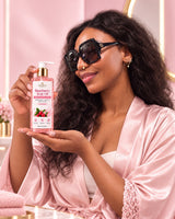 Woman in a pink robe holding Bioris Bearberry Body Oil, 200 mL, in artwork supplied by Nutramak