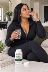 Woman holding a glass of water and a capsule beside Curve Control in supplied lifestyle artwork