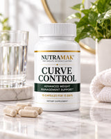 Curve Control bottle with capsules and a glass of water on a marble surface in supplied product artwork