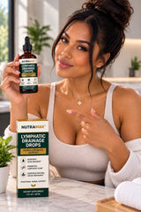 Woman holding Nutramak Lymphatic Drainage Drops beside its box