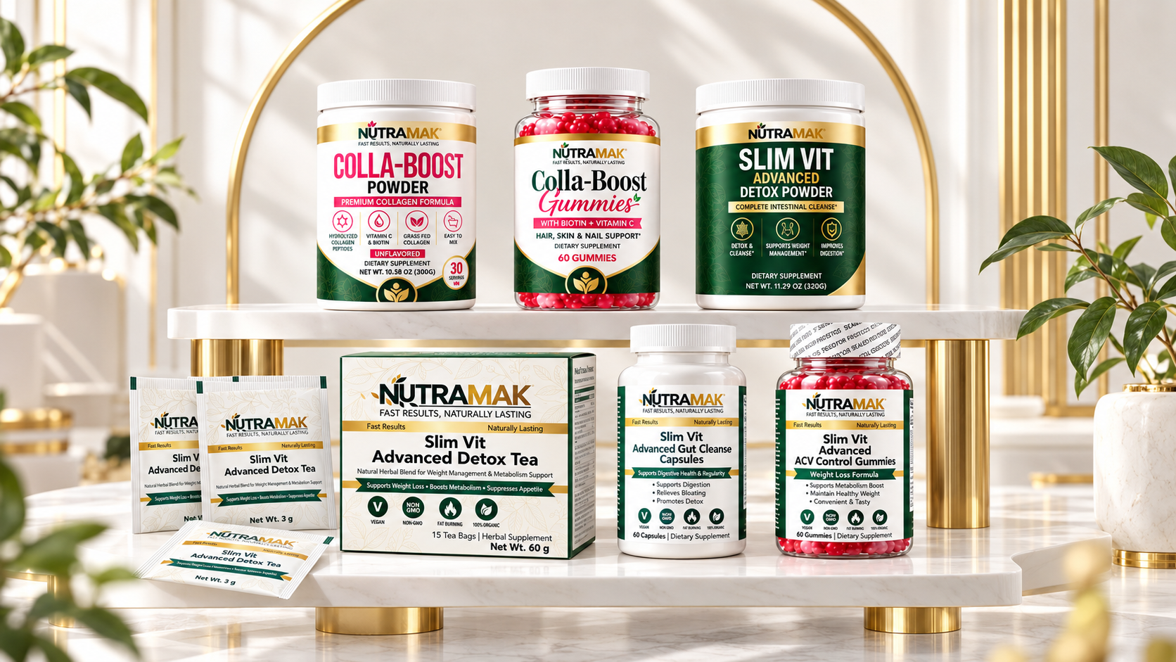 Six Nutramak products on white and gold shelves: Colla-Boost Powder, Colla-Boost Gummies, Slim Vit Detox Powder, Detox Tea with individual sachets, Gut Cleanse Capsules and ACV Control Gummies